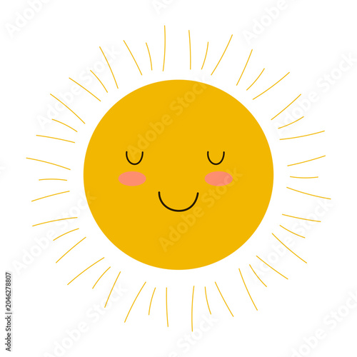 Φωτογραφία Cute smiling sun icon with bright yellow face rosy cheeks and hand drawn thin ra