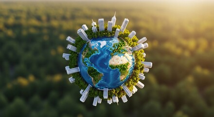 Creative Earth with Urban Skylines and Green Nature Depicted as a Small Planet in Space for Environmental Awareness and Sustainable Living Concepts