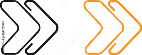 Double forward arrows icon set in black and orange outline style for web and mobile design