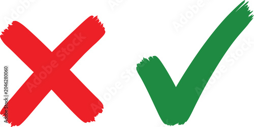 Fényképezés Hand drawn red cross x mark and green check mark symbols for checklist or survey