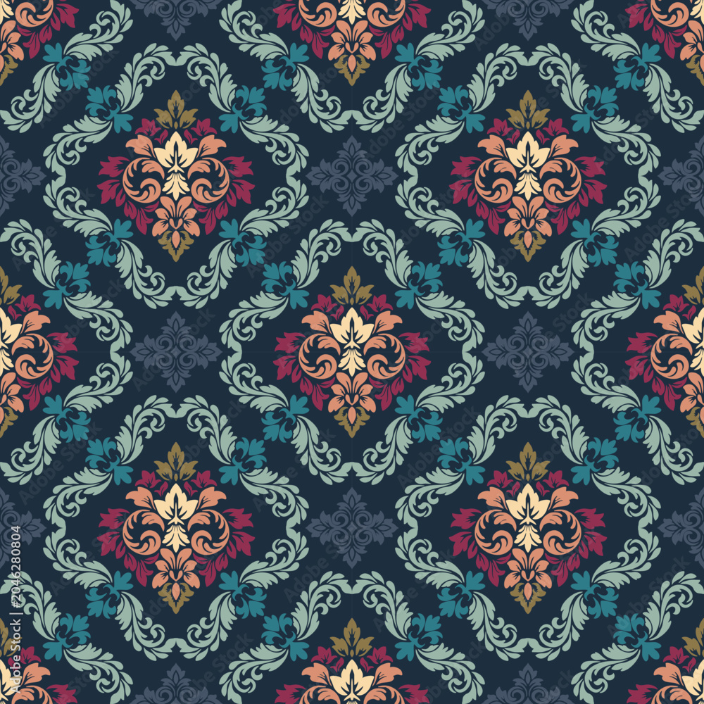 Fototapeta premium Damask seamless pattern vector background. baroque style pattern. Luxury textile. Graphic ornate pattern for wallpaper, fabric, packaging, wrapping. Damask floral ornament. 