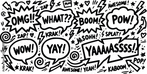 Tableau sur toile A dynamic black and white vector illustration featuring comic book style speech bubbles with various exclamations and sound effects