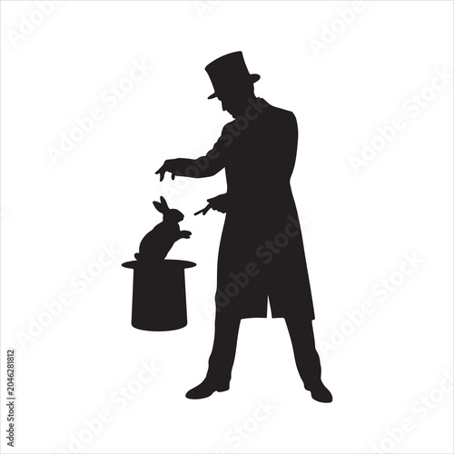 Magician pulling a black rabbit out of a top hat on stage silhouette flat vector illustration