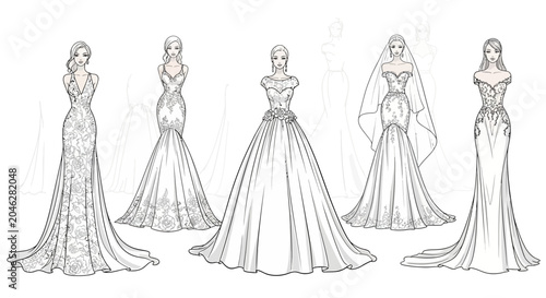 Obraz na płótnie Variety of wedding dresses on paper.