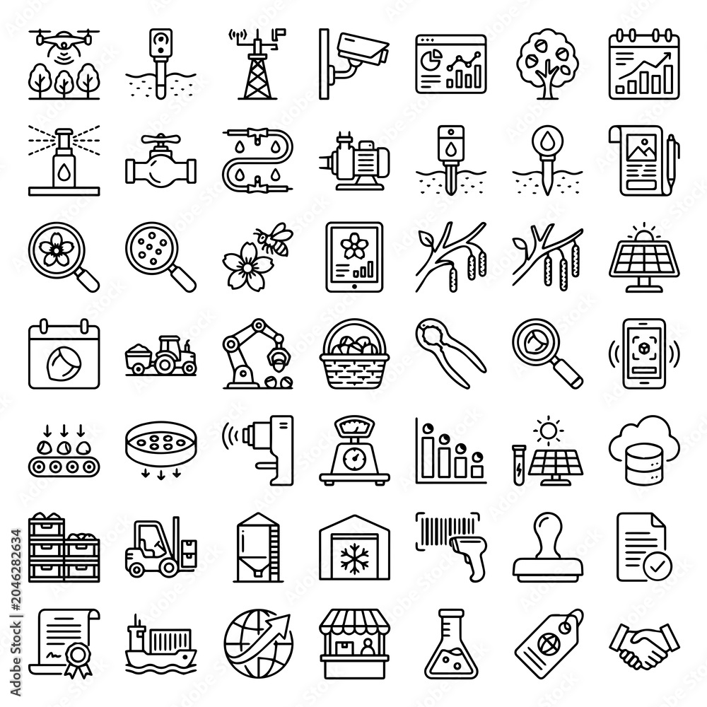 Fototapeta premium Agriculture And Technology Line Icons Collection On White Background