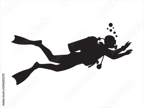 A Black scuba diver explores the depths with bubbles rising a stark silhouette flat vector isolated illustration design