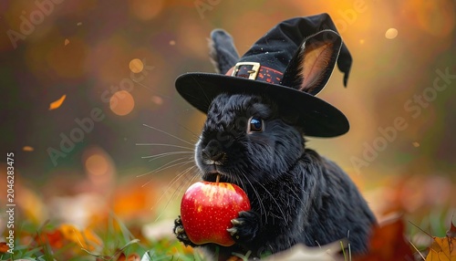 A black rabbit wearing a witch's hat holds a red apple