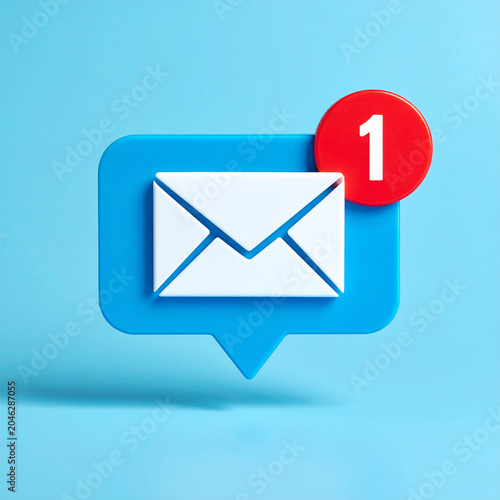 Blue speech bubble with white envelope mail icon, one unread message, clean modern communication concept. Close-up.