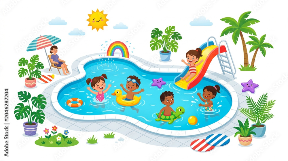 Naklejka premium Happy Kids Playing in Outdoor Swimming Pool with Water Slide and Floats Vector Illustration