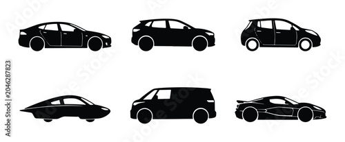 Bild auf Leinwand Diverse Black Car Silhouettes Collection, Automotive Icons Set for Transport and