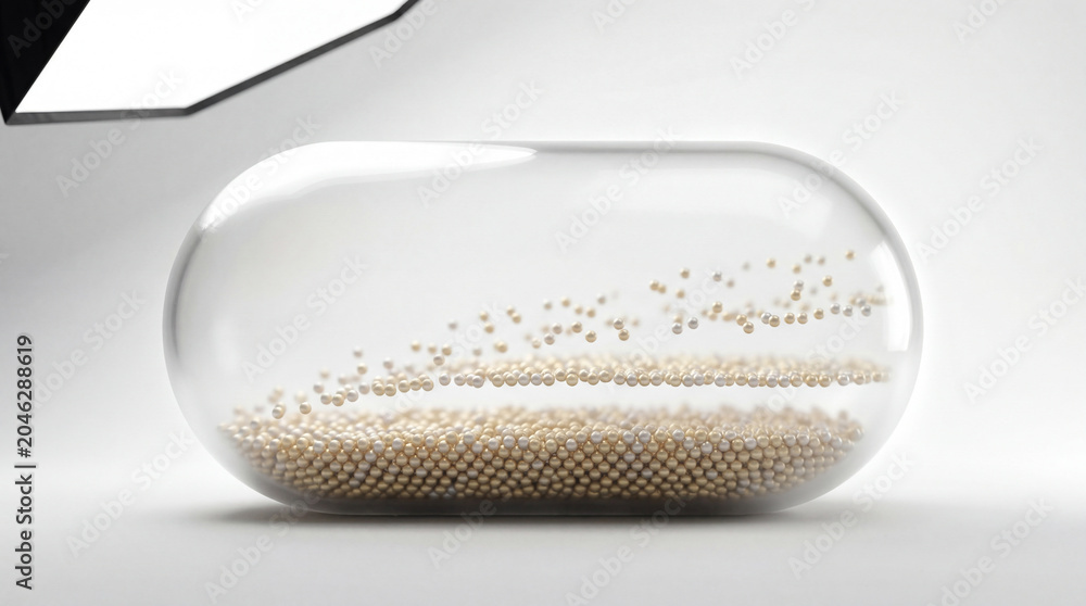 Fototapeta premium Shimmering golden beads dancing inside a sleek transparent capsule in a bright studio setting