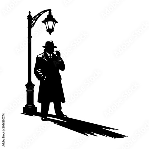Hyper-detailed black and white vector silhouette of noir detective in trench coat and fedora standing under streetlamp, dramatic long shadow, city background, isolated on white