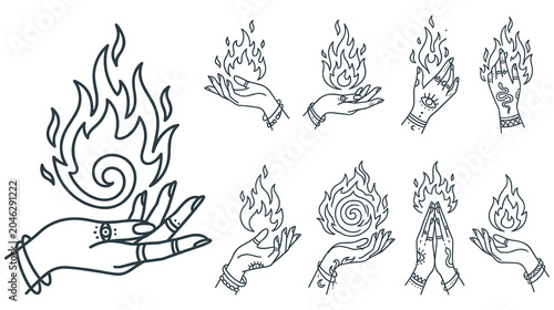 Fotografie Mystical hand illustrations holding magical fire flames in line art