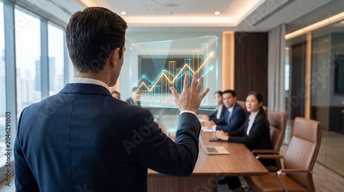Businessman presenting financial growth charts during professional corporate boardroom meeting with presentation business corporate