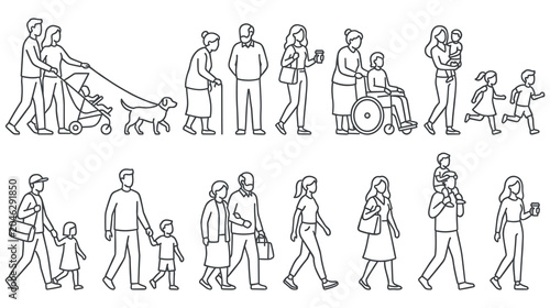 Obraz na płótnie Diverse people in line walking various ages mobility needs with strollers