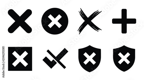 Obraz na plátně Set of 8 Black Cross and Check Mark Icons, Simple Vector Symbols for Rejection,