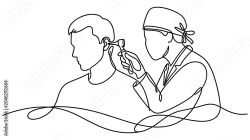 Fotografie One continuous line drawing doctor examining patient ear with otoscope