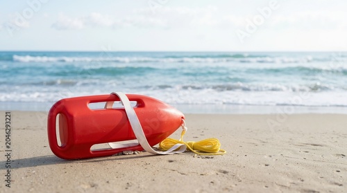 Red lifeguard rescue can with yellow rope on a sandy beach. Professional emergency water safety equipment by the ocean