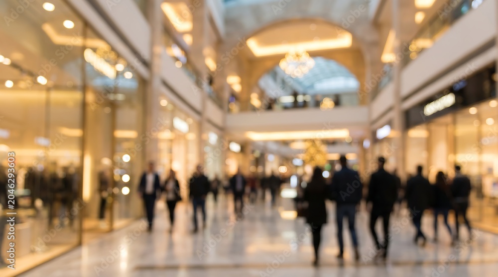 Obraz premium Blurred view of people walking through high end shopping mall interior with bright retail stores and elegant architecture creating luxurious shopping atmosphere during daytime
