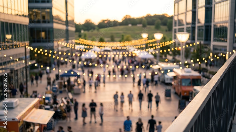 Obraz premium People browsing and walking past food trucks at outdoor urban food festival in city plaza during golden hour with string lights glowing above and modern buildings in background