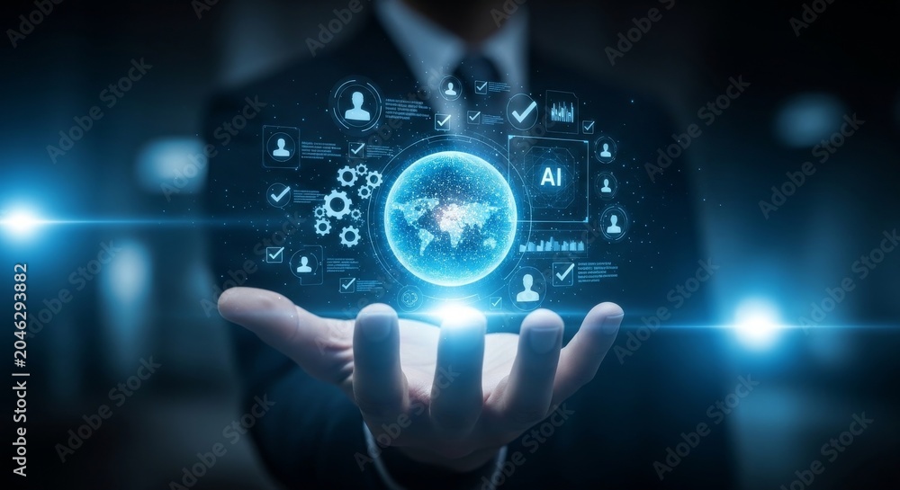 Fototapeta premium Businessman Holding Futuristic Global Network and AI Technology Hologram