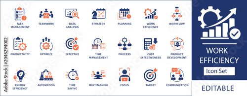 Work efficiency and productivity icon set. featuring task management, agile workflow, time optimization, corporate business strategy, and process automation symbols.