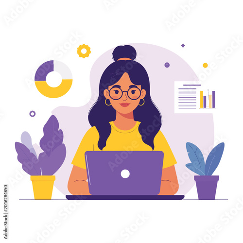 Woman working on laptop with graphs and plants around her in colorful illustration