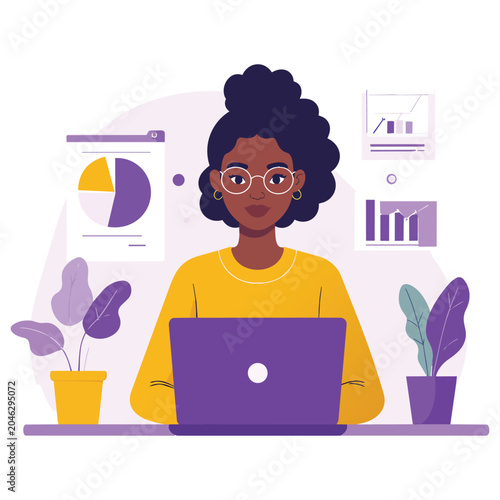 Woman working on laptop with graphs and plants around her