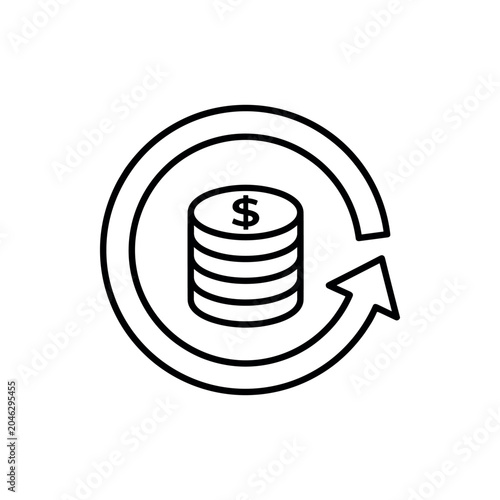 Money refund or cashback icon featuring a stack of dollar coins with a circular arrow symbol