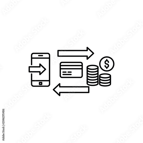 Mobile payment transaction icon with smartphone credit card and coin stack for digital banking