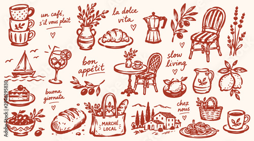 Fotografie French countryside cafe doodle set with coffee, croissants, bread, olives, wine, and rustic village elements