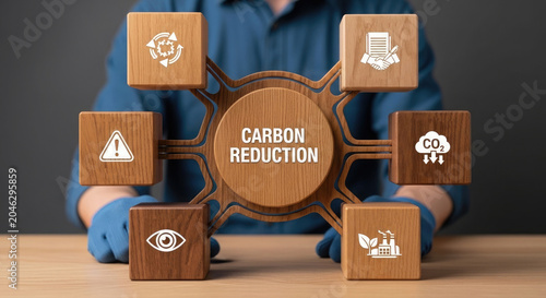 Businessman presenting carbon reduction concept with wooden blocks on a table in an office setting with eco-friendly symbols