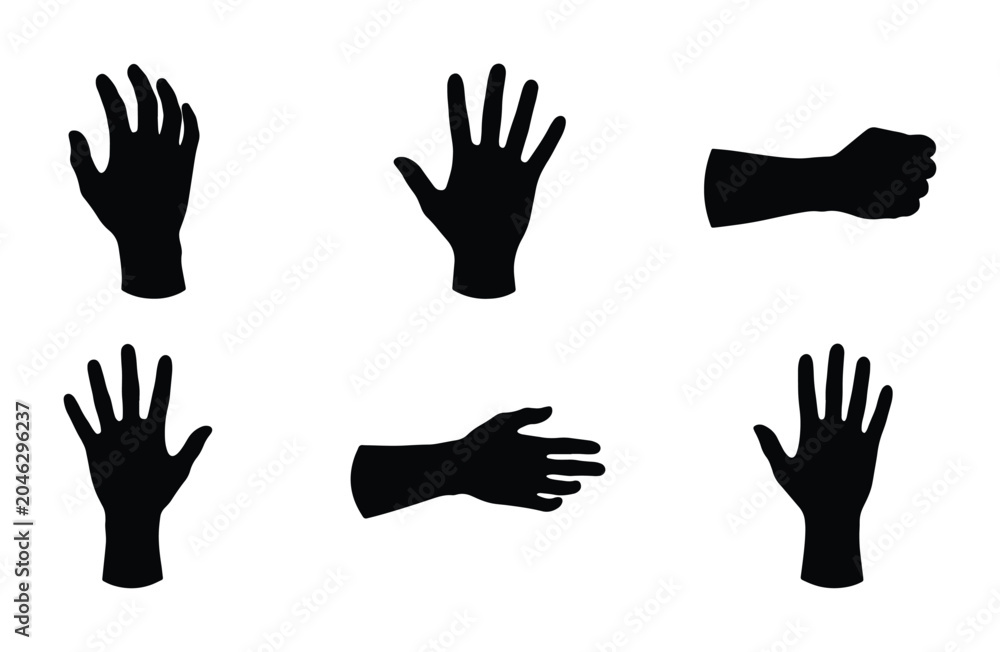 Fototapeta premium Black Silhouette Hand Gestures, Vector Icons Set: Open Palm, Fist, Reaching, Waving, Communication, Human Body Parts