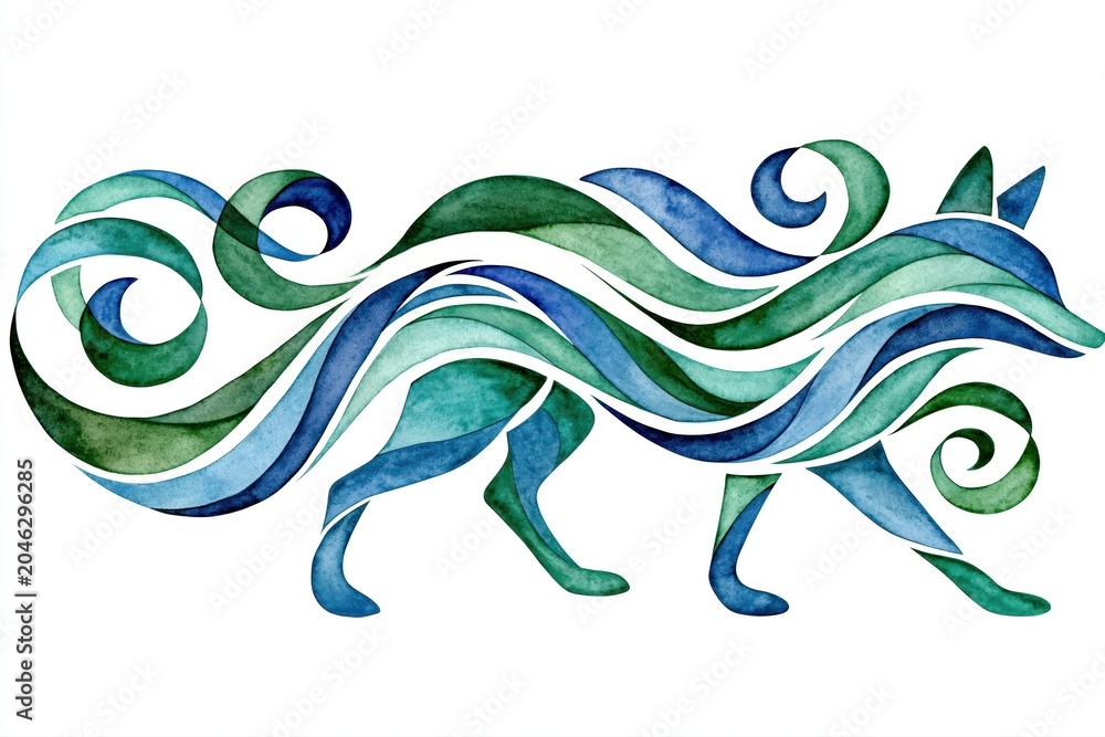 Naklejka premium Stylized watercolor fox illustration with flowing blue and green waves
