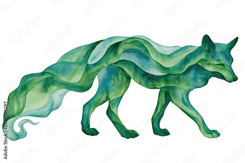 Naklejka premium Watercolor painting of a fox with flowing green abstract patterns on white background