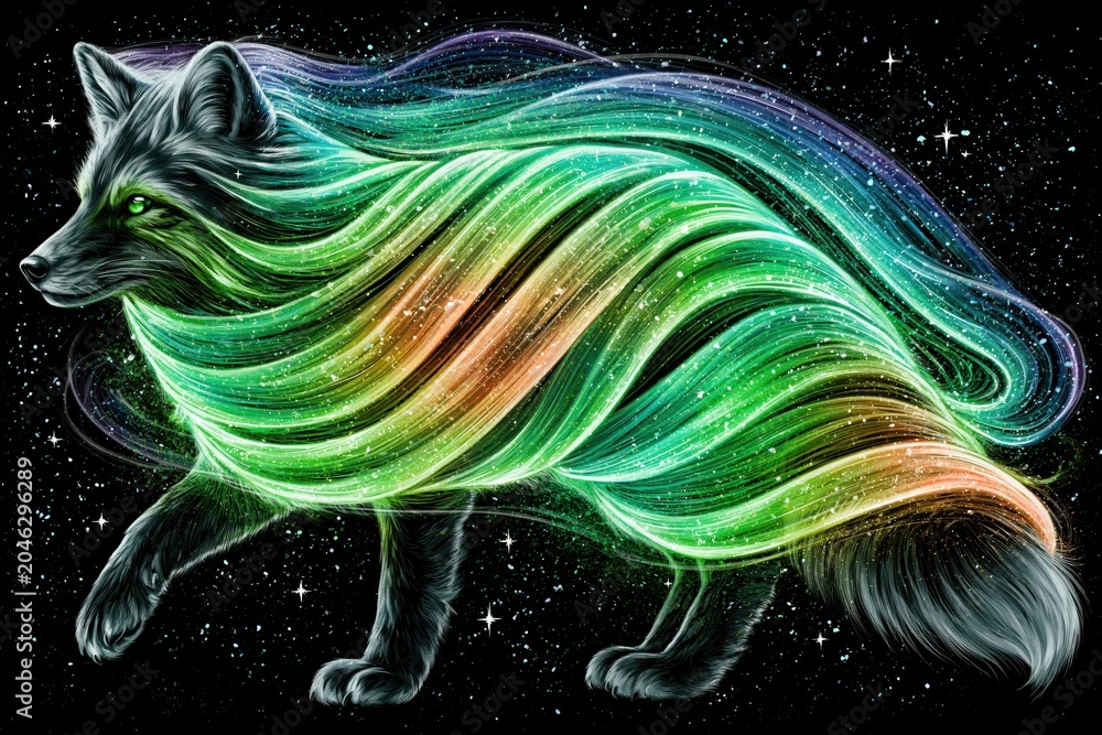 Fototapeta premium Fantasy fox with flowing rainbow mane in starry cosmic background