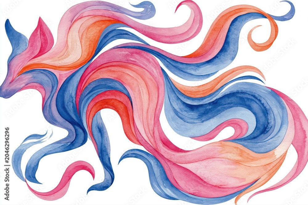 Naklejka premium Abstract watercolor fox shape with flowing pink, blue, and orange curves