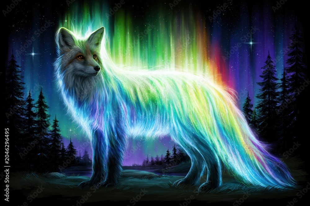 Naklejka premium Spirit fox with aurora borealis fur in dark forest under starry sky