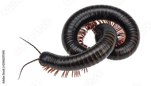 A black, segmented worm-like creature with orange stripes and numerous short legs curled on a white background