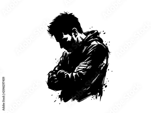 Fotografie Man Hooded Silhouette Sadness Depression Arms Crossed Isolated White Background