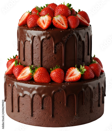 A decadent chocolate cake adorned with fresh strawberries and rich chocolate drizzle Photo realistic image background removed. png