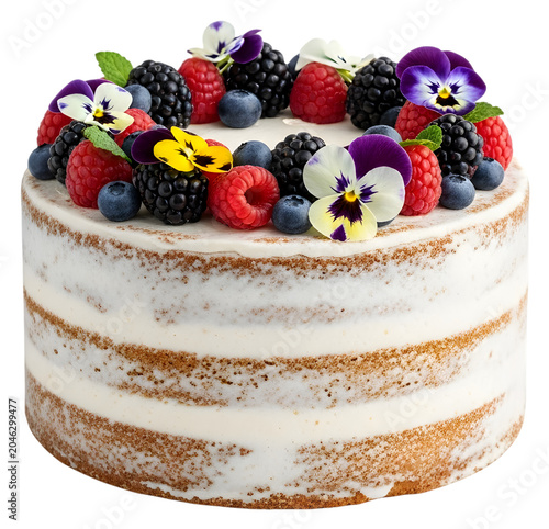 A beautifully decorated cake with fresh berries and flowers on top for a special occasion Photo realistic image background removed. png