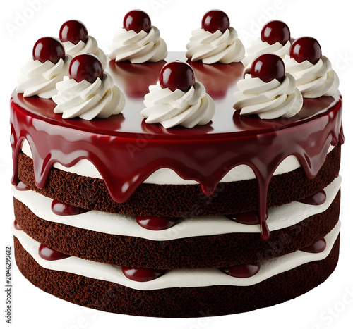 A delicious chocolate cake with white frosting and cherry toppings on display Photo realistic image background removed. png