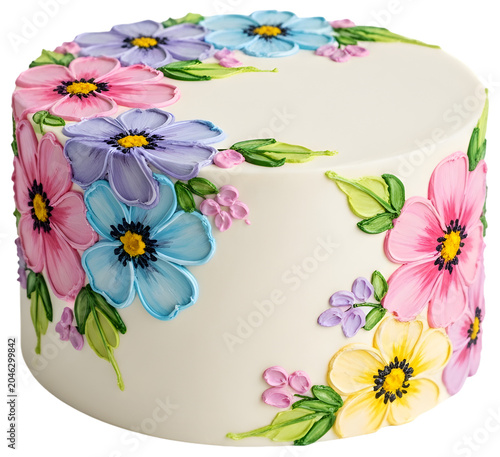 A beautifully decorated cake with colorful flowers for a special celebration Photo realistic image background removed. png