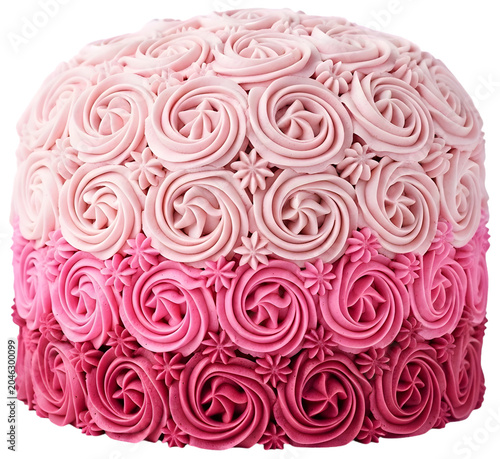 A beautifully decorated pink cake with intricate frosting designs for a special occasion Photo realistic image background removed. png