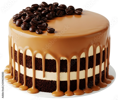 A delicious chocolate cake with caramel icing and coffee beans on top Photo realistic image background removed. png