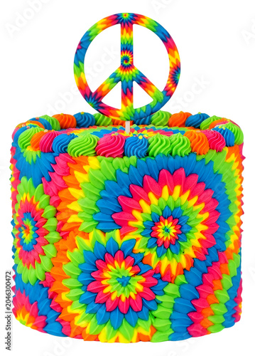 A vibrant and colorful tie-dye cake with a peace sign on top Photo realistic image background removed. png