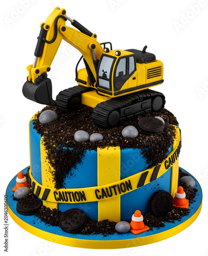 A creative blue and yellow construction themed cake with excavator on top Photo realistic image background removed. png