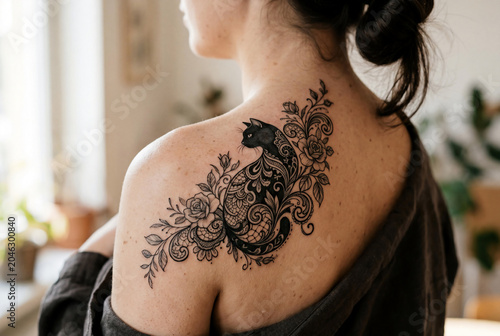 Intricate black cat tattoo with floral lace pattern on Caucasian woman shoulder for feminine body art aesthetic