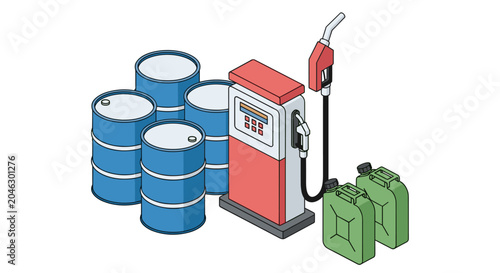 Принти на полотні Gas pump with barrels and canisters in industrial colorful illustration for tran